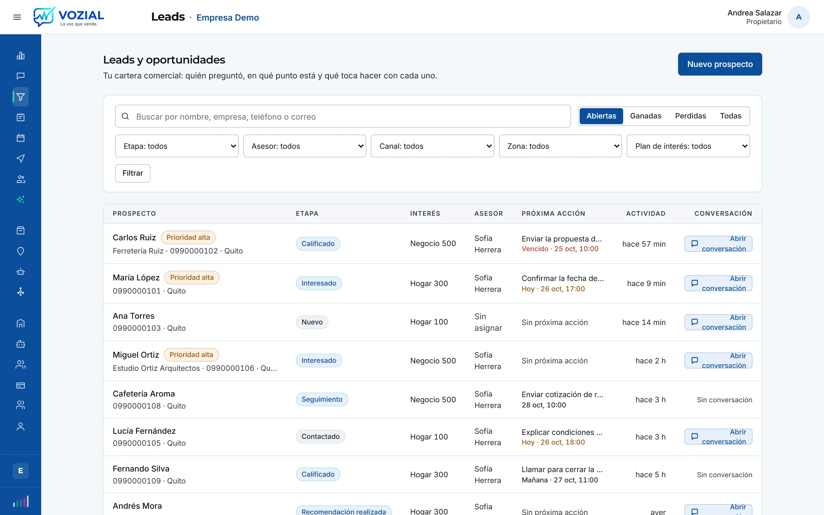 Pantalla de CRM de VOZIAL con datos de prueba